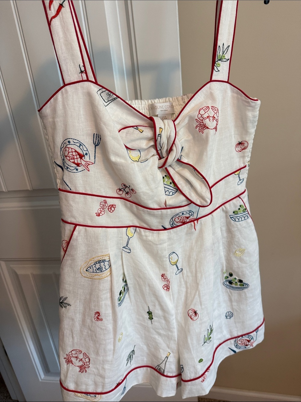 Caroline Constas Cream Linen Romper with Red Trim and Multicolor Embroidery - Picture 2 of 10